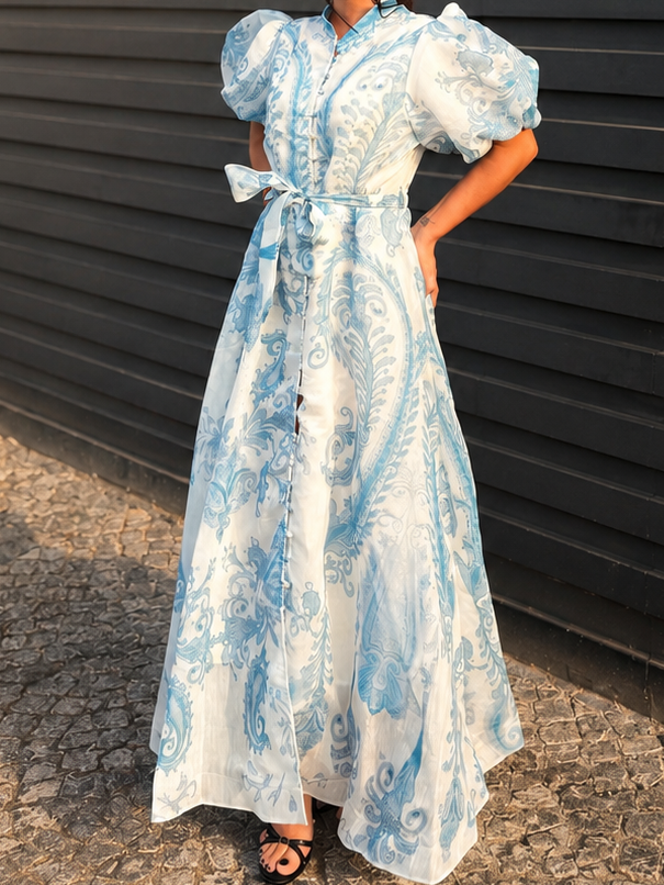 VESTIDO AZUL CORNOCÓPIAS MANGAS BALÃO