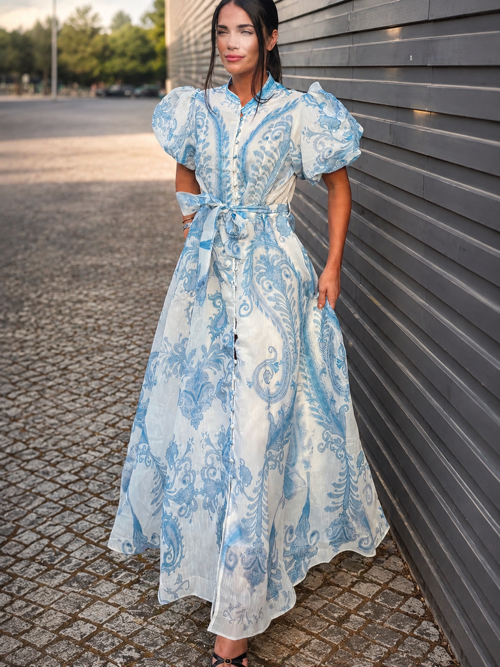 VESTIDO AZUL CORNOCÓPIAS MANGAS BALÃO