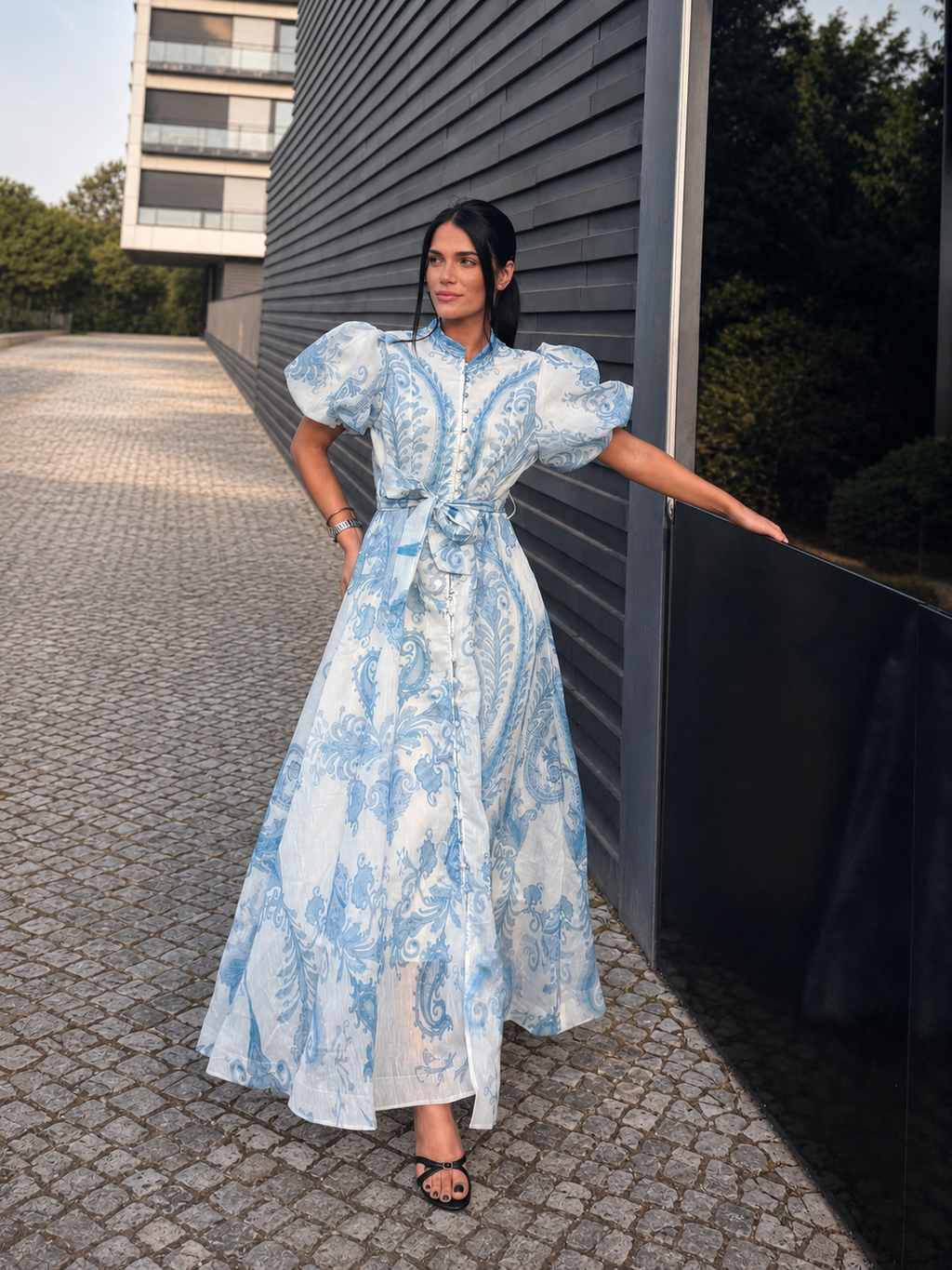 VESTIDO AZUL CORNOCÓPIAS MANGAS BALÃO
